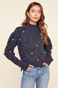 Heathered Navy Pom Pom Sweater with Side Slits