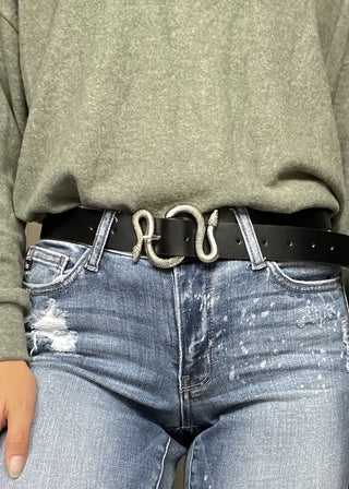 Andrus Silver Snake Leather Belt - Black - jorjanna
